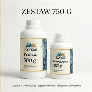 Żywica Przyjazne Żywice Farlak 750 g — zestaw żywica 500 g + utwardzacz 250 g, gęstość miodu, proporcje 2:1